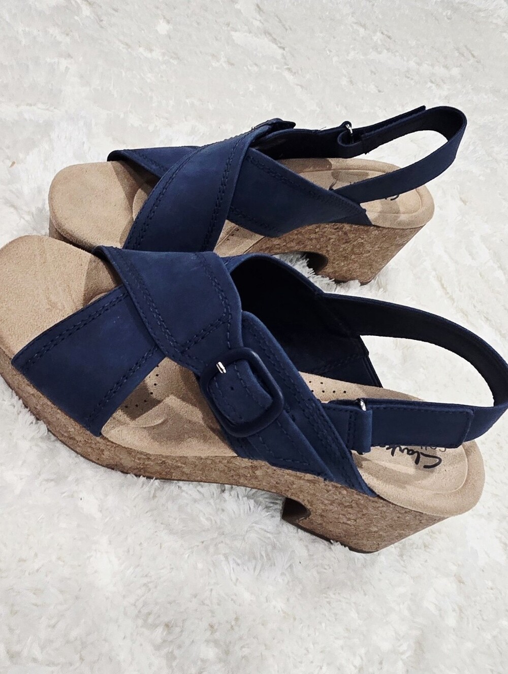 Clarks Collection Nerisa West Buckle Wedge Sandals Women’s US 10 Navy New Retail - Picture 4 of 7